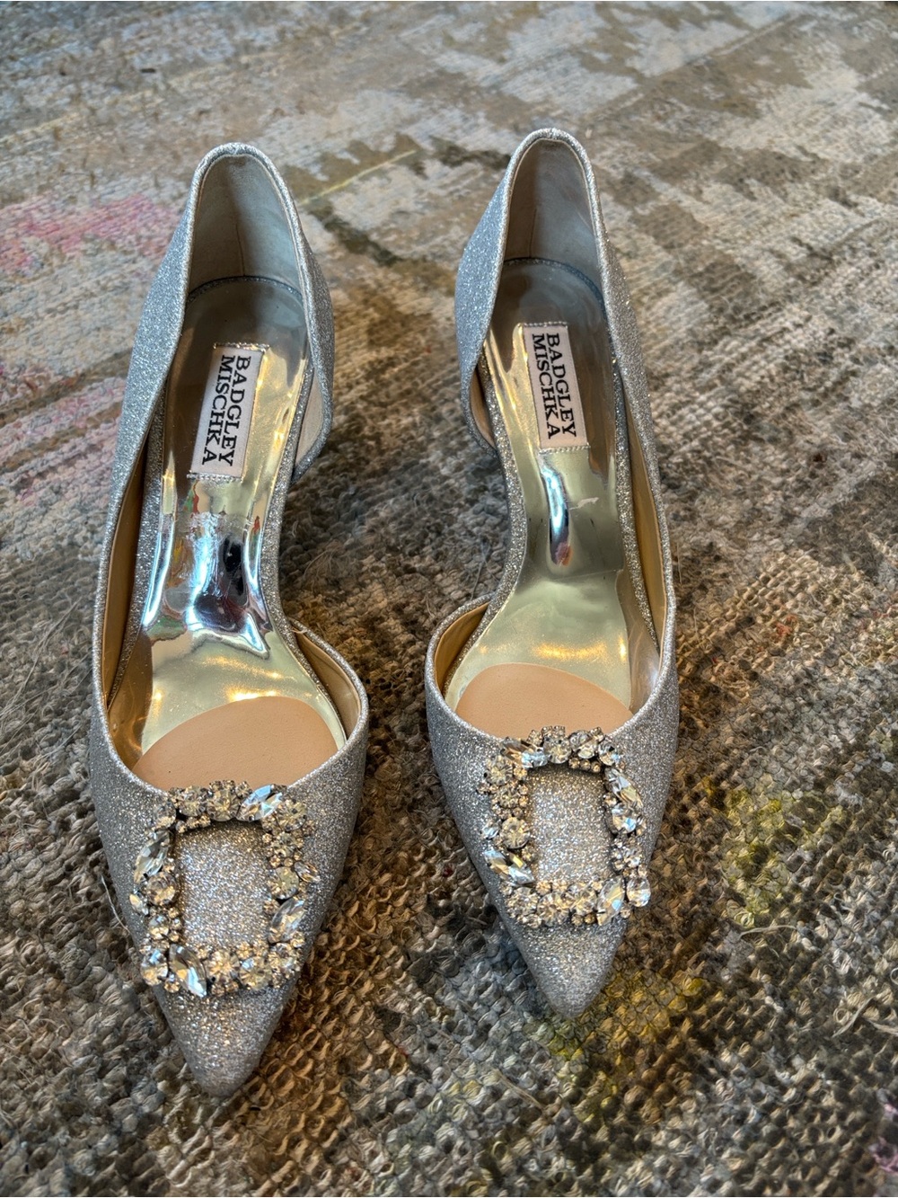 Badgley Mischka Silver Glitter Pointed Toe Crystal Buckle Pumps